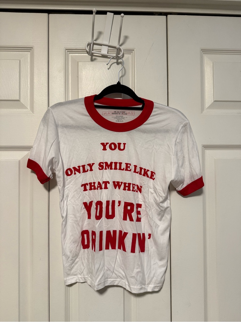 White & Red Graphic Ringer Crop Top - Casual Statement Tee